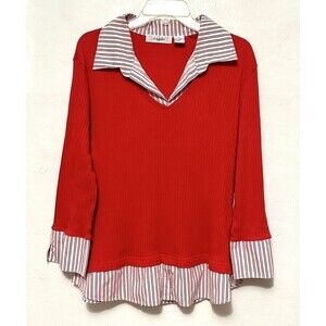Angels Red Striped Collared Business Casual Shirt Blouse Top 3X